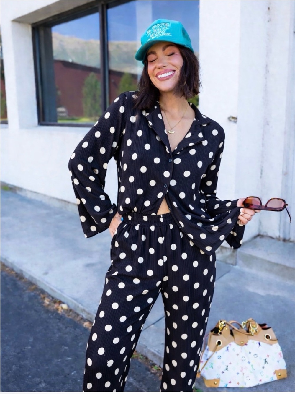 Dressed In Lala Polka Dot Relaxed Long Sleeve Wide-Leg Plisse Set | 2x